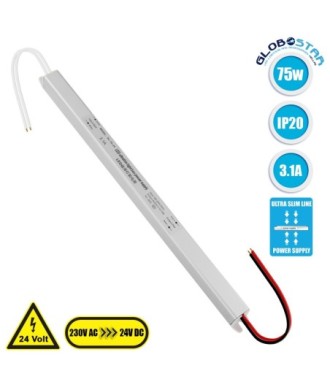GLOBOSTAR® LUMISLIM 73014 Τροφοδοτικό-Μετασχηματιστής PELV 75W 3.1A DC 24V IP20 - AC 220-240V σε DC 24V - Μ31 x Π1.8 x Υ1.8cm - 3 Χρόνια Εγγύηση
